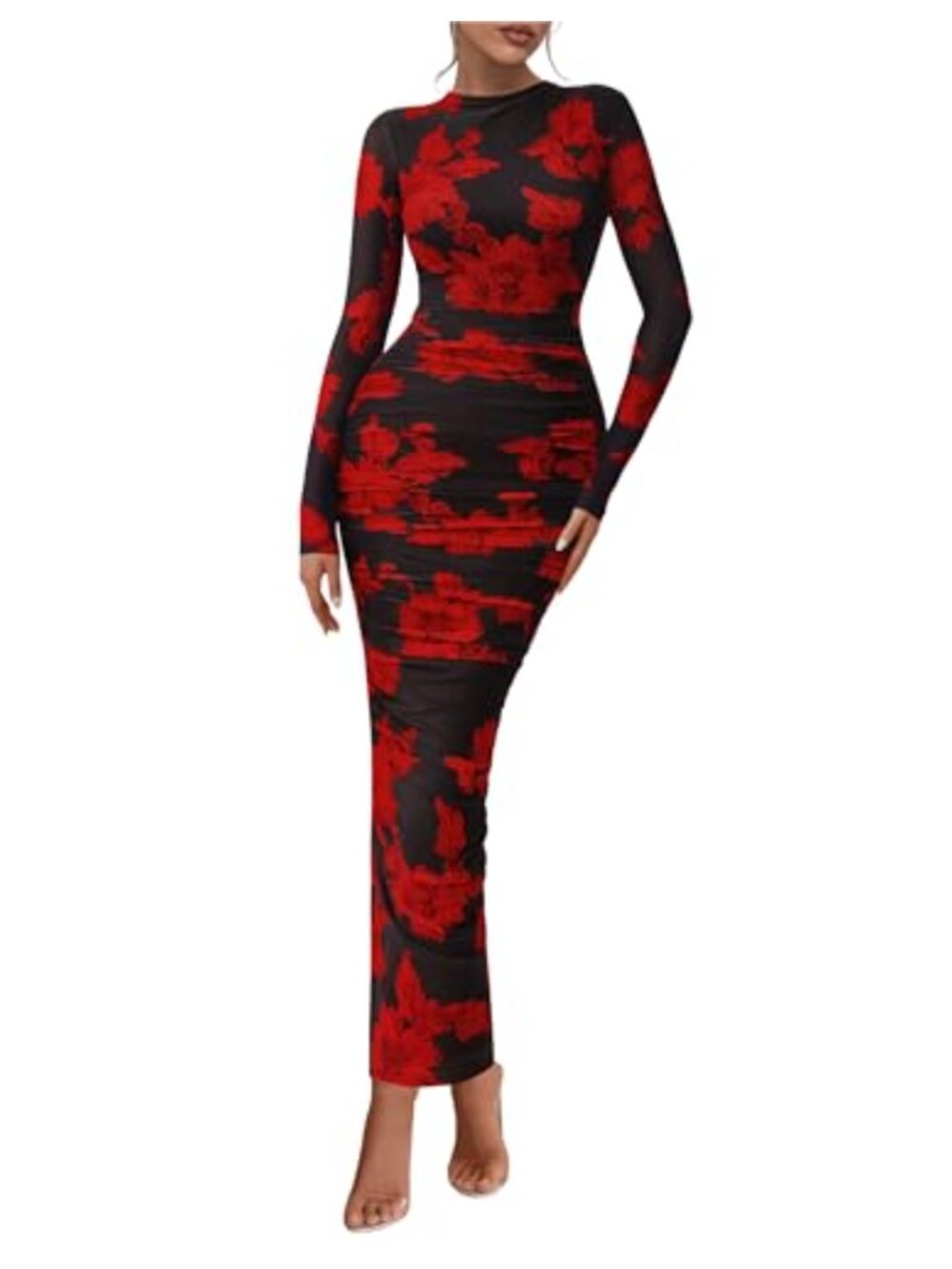 PRETTYGARDEN Women's Long Sleeve Maxi Dress Ruched Bodycon Mesh Formal